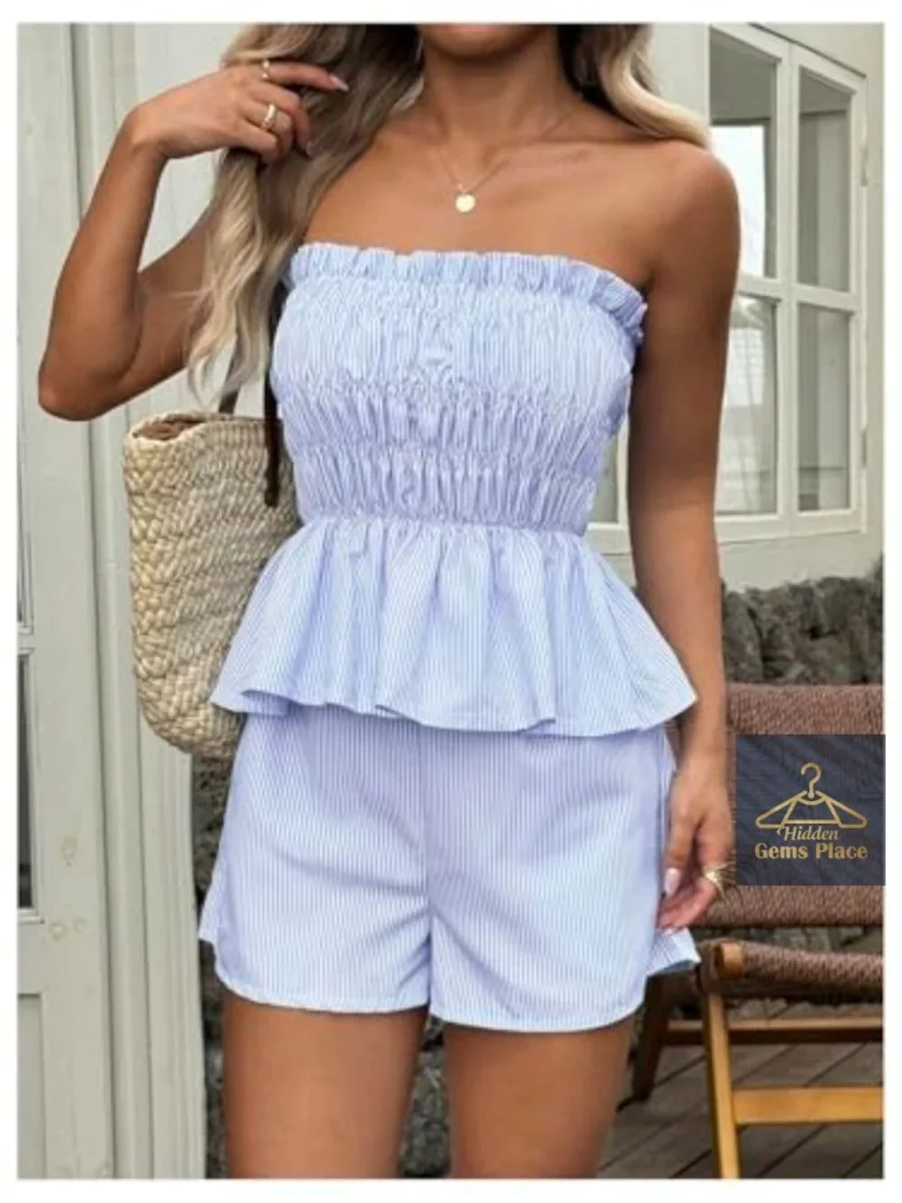 2 Piece Striped Peplum Ruffle Hem Tube Top and Shorts Set